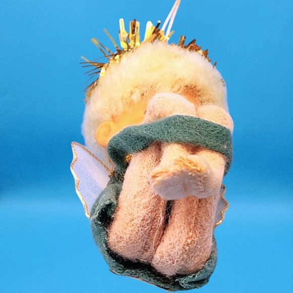 Vintage 1950s Napco Pixie Angel Knee Hugger Ornament Japan Green Felt Gold Halo - Picture 7 of 10